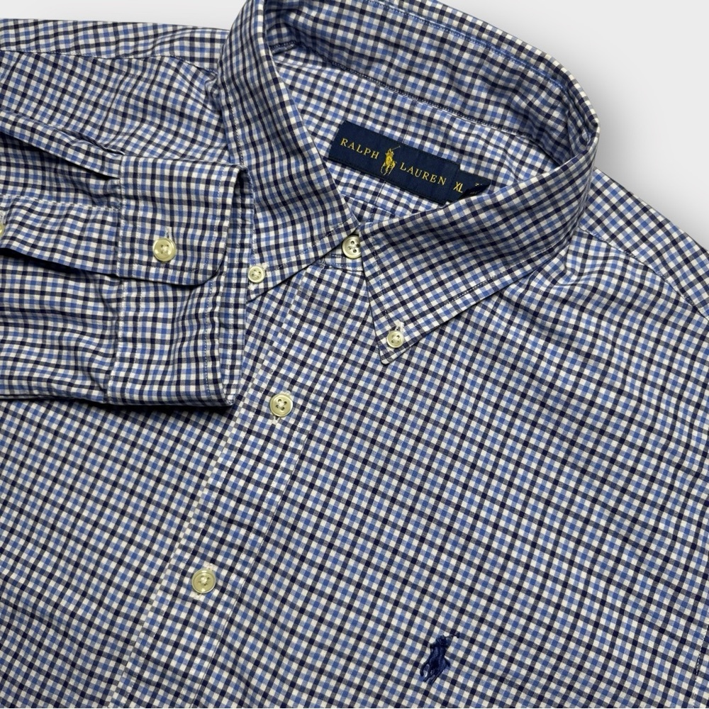 Ralph Lauren Shirt Men’s XL Navy White Mini Check Oxford 100% Cotton Button-Down